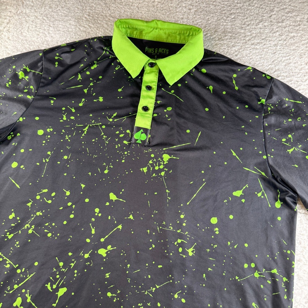 Pins & Aces Polo Shirt Mens XL Black Green Splatter Excellent Golf Performance